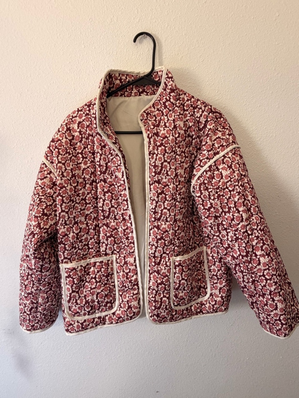 Amazon Quilted Floral Puffer Jacket in Burgundy and Cream